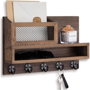 Lucundm Key Holder for Wall, Mail Organizer Wall Mount with Storage Compartment and 5 key Hooks for Coat, Dog Leash, Stylish Mesh Mail Holder, Home Decor Entry Way Organizer (Brown)