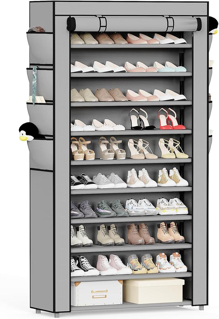 Mavivegue Shoe Rack with Cover, 10+1 Tier Tall Shoe Storage for 50-55 Pairs of Shoes, Shoe Organizer for Entryway, Closet, Garage, Grey