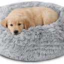 JOLLYVOGUE Calming Dog Bed Medium Size Dog, Anti-Anxiety Donut Medium Pet Bed, 27 inches Fluffy Faux Fur Round Cat Bed (Smoke Grey) (27.0"L x 27.0"W x 8.0"Th)