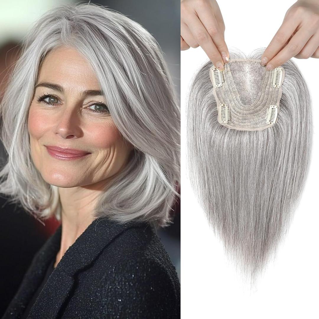 REECHO 10" Real Human Hair Topper for Women with Thinning Hair, Clip-in Crown Hairpiece for Instant Volume and Gray Root Coverage Real Hair Toppers Wiglett, Butterfly Base, Salt & Pepper