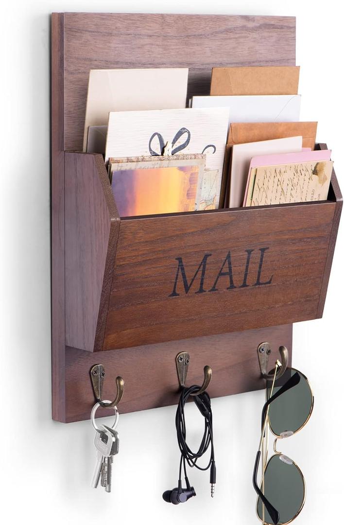 DLQuarts Mail Organizer with Key Holder for Wall Decorative Mail Sorter Wall Mounted, Wooden Mail Holder with 3 Hooks, Dark Brown