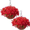 Hananona 24 Pcs Artficial Outdoor Flowers with Hanging Baskets, 2 Pack Hanging Planter with Red Outdoor Spring Flowers for Christmas Porch Home Patio Yard Decor (2, Red)