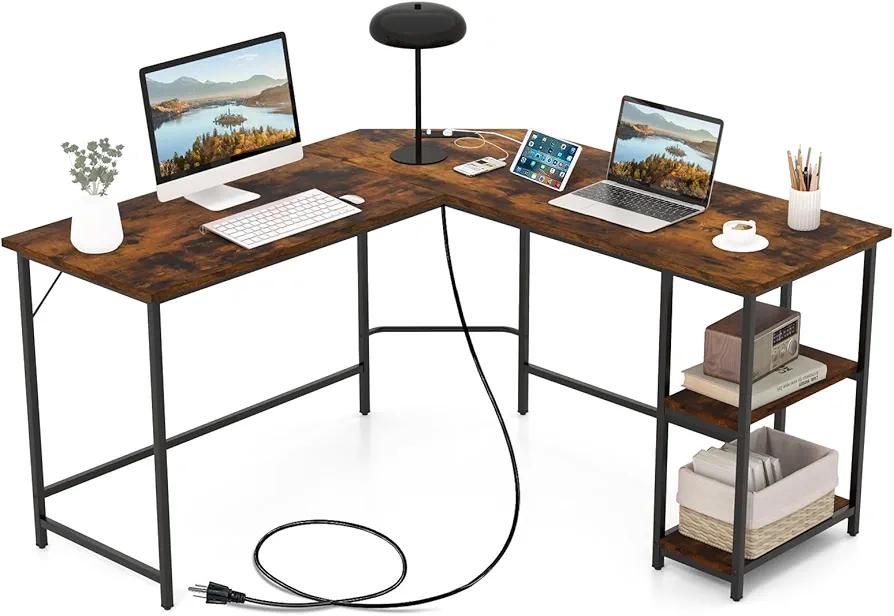 Tangkula L Shaped Computer Desk, Corner Home Office Desk with 2 Outlets & 2 USB Ports, Study Writing Desk with Carbon Steel Frame, 2-Tier Shelf & Removable Shelf, Rustic Brown