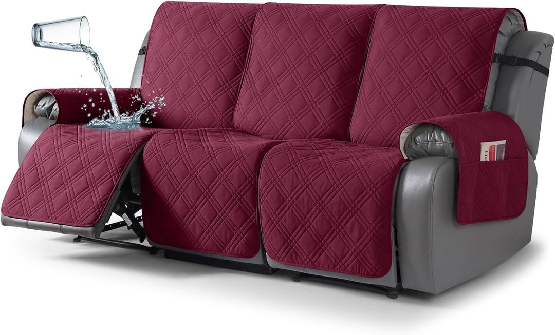 TAOCOCO 100% Waterproof Recliner Sofa Covers 3 Seater, Split Couch Covers for Reclining Couches, Non Slip Reclining Couch Covers with Double Straps for Kids Pets(3 Seater, Wine)