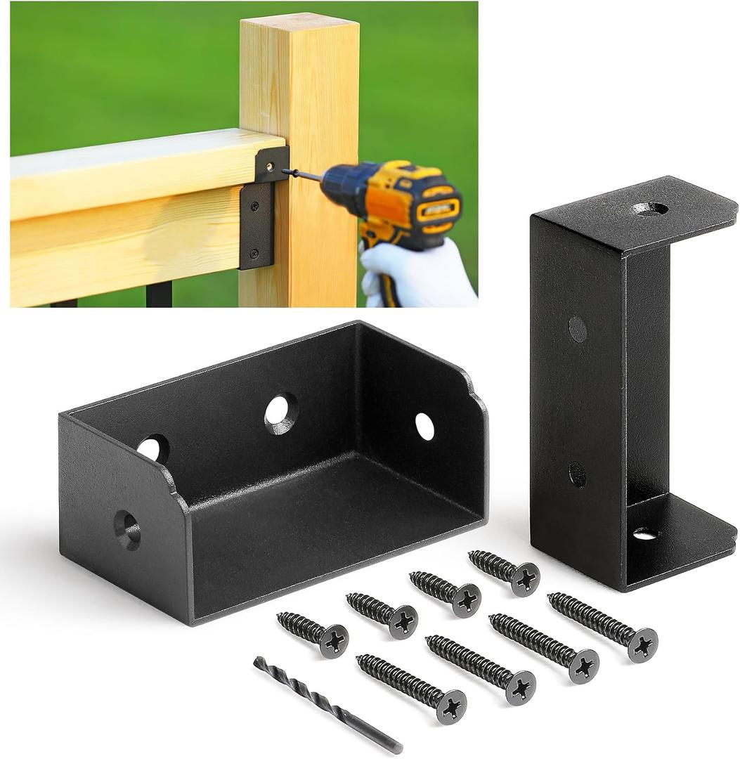 12pcs Stainless Steel Deck Railing Connectors - for 3.35"x 1.35" Wood Post to Handrail, Matte Black Handrail Brackets, Outdoor Fence Railing Hardware with Screws Drill bit (12)