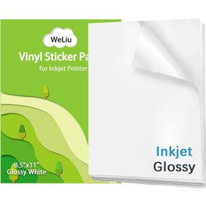 Printable Vinyl Sticker Paper for Inkjet and Laser Printer - Glossy White - 21 Waterproof Decal Paper Self-Adhesive Sheets 8.5"x11"- Dries Quickly and Holds Ink Beautifully