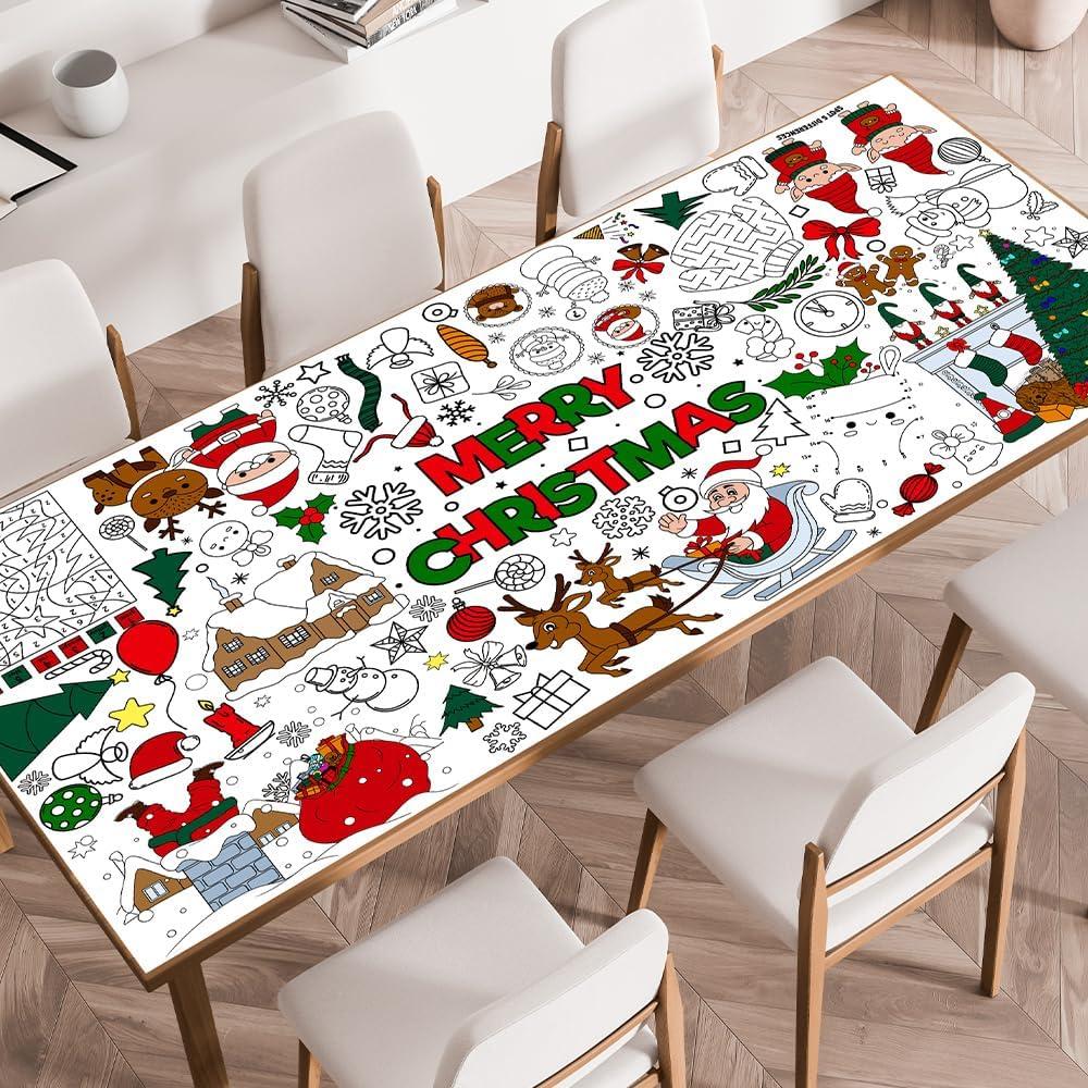 Christmas Tablecloth Decorations, Christmas Crafts for Kids, Essentials Xmas Themed Coloring Games Activities Gifts Poster Banner Table Cover for Holiday Children Family School Party Decor (Christmas Colorful-1)
