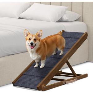 PATHOSIO Dog Ramps for Bed Portable Dog Ramp for Couch, Folding Dog Ramp for All Breeds Real Wooden Ramp for Dogs To Get on Bed, Adjustable Dog Ramps for Large Dogs (Walnut - Grey Carpet Medium-large)