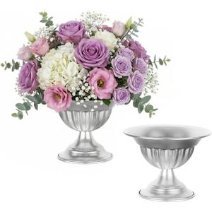 Sziqiqi Silver Urn Vase for Wedding: 5.1in Metal Vases Centrepieces for Table Decorations - Set of 2 Compote Vases for Flower Arrangement - Decorative Pot Bowl Vase for Birthday Party Anniversary