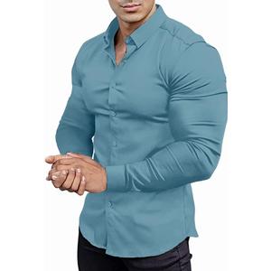 Mens Muscle Fit Dress Shirts Athletic Slim Fit Long Sleeve Stretch Casual Button Down Shirt (Large, Blue Grey)