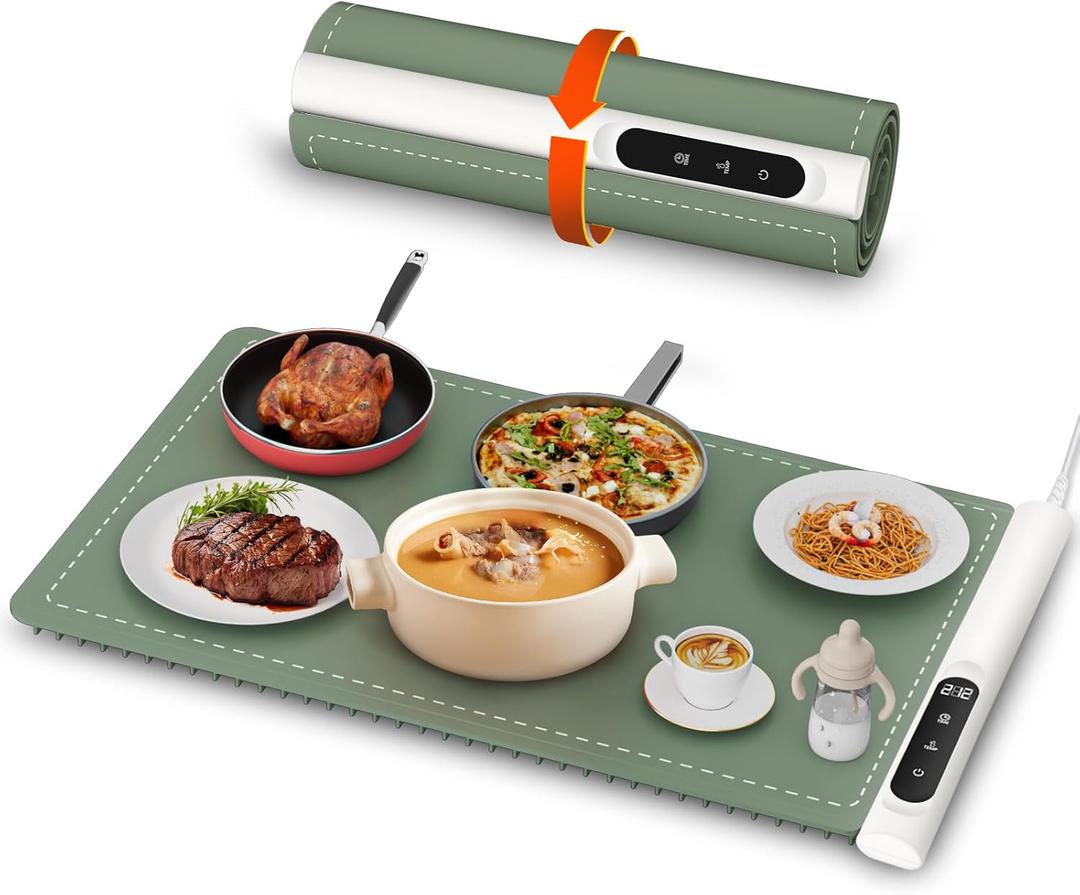Newise Graphene Warming Mat for Food  Fast Full Surface Heating Electric Warming Tray, Portable Food Warmer for Parties Buffet with 6 Temperature and Timer Settings, Gifts for Mom Wife, Green