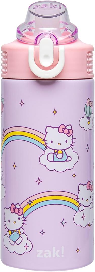 Zak Designs Sanrio Sage Kids Water Bottle For School or Travel, 14oz Stainless Steel Water Bottle With Straw, Handle, and Leak-Proof, Pop-Up Spout Cover (Hello Kitty)