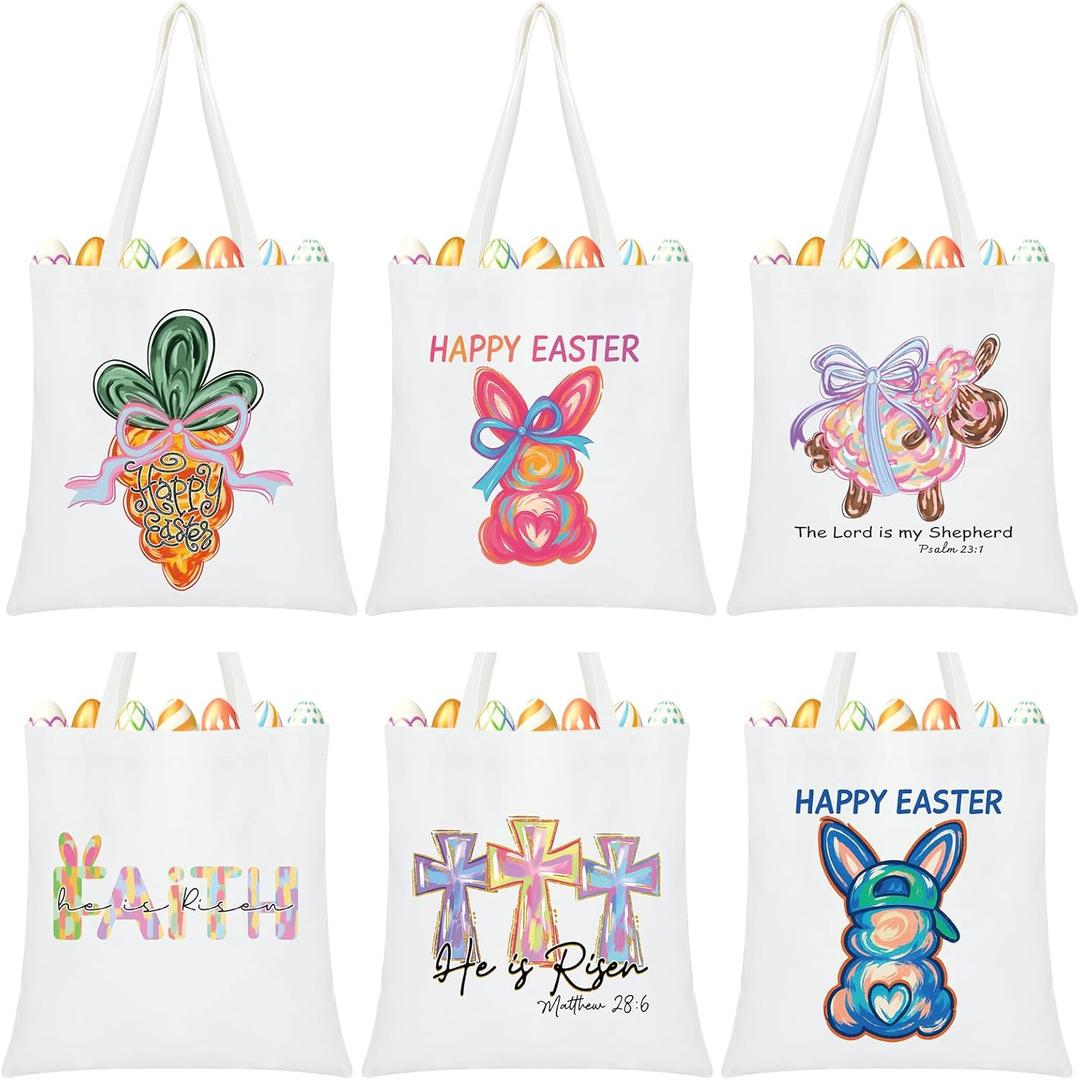 6 Pcs Easter Tote Bags with Handles 13.78 x 13.39 Inch Canvas Brushstroke Bunny Large Easter Gift Bags for Adults Spring Party Supplies