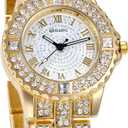 JewelryWe Women Watches Gold Tone Alloy Rhinestone Quartz Watch Stylish Bling Dress Watch Wristwatches for Valentine's Day