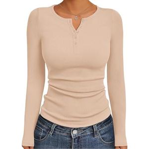 Ekouaer Women's Long Sleeve Henley Shirts Button Ribbed Knit Tops Basic Layering Slim Fit Soft Thermal Underwear Tops Medium