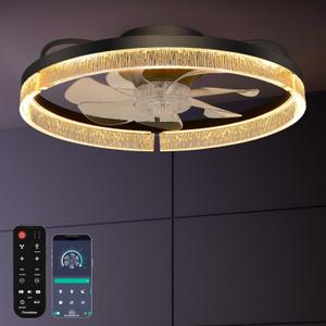 20 Inch Ceiling Fans with Lights and Remote, Flush Mount,3CCT 3000-6500K Dimmable 4W-35W, Low Profile 6 Speed Reversible Quiet DC Motor for Bedroom, Kids Room and Living Room, Black