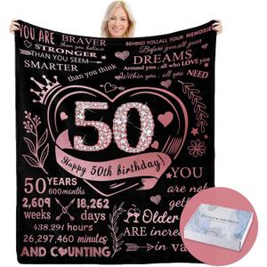 50th Birthday Blanket Gifts for Women with Gift Box, Gifts for Women Turning 50, Happy 50th Birthday Gift Ideas for Her, 50th Birthday Decorations Throw Blanket 60''x50'' (Rose)