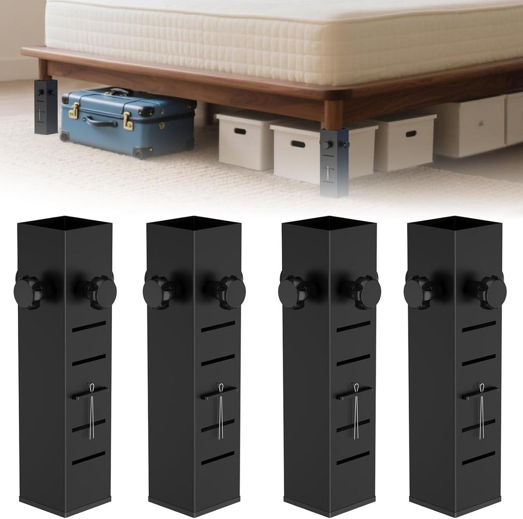 Heavy Duty Dorm Bed Risers Extenders, Increase Under-Bed Storage Space, Fits Bed Legs 1.5" to 2.2" Diameter, Thickened Steel for Extra Stability, 5-Level Adjustable Height, Black, 4-Piece.