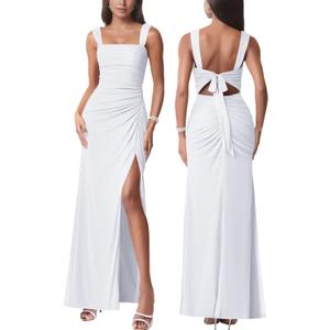 Women Sexy Mesh Tie Low Back Sleeveless Split Ruched Maxi Dress Party Cocktail Long Dress Wedding Guest Dresses (Large, White)