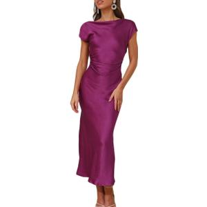 2026 Satin Cap Sleeve Cowl Back Summer Dresses for Women Elegant Ruched Waist Wedding Guest Midi Dress (Large, Fuchsia)