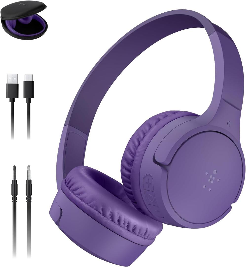 Belkin Sound Form Mini - Wireless Bluetooth Kids Headphones, 30H Battery, 85dB Safe Volume Limit, Built-in Microphone - Toddler On-Ear Earphones for iPhone, iPad - Ideal for School - Purple w/Case