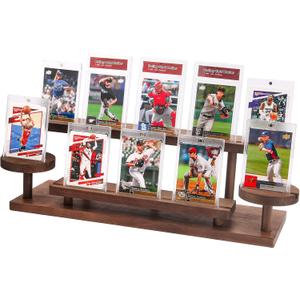 Wooden Trading Card Display Stand, 3-Tier Card Holder for Graded, Sports and TCG Cards, Tabletop Display Holder, Rustic Solid Wood Shelf Stand for Basketball Football Hockey (Brown)