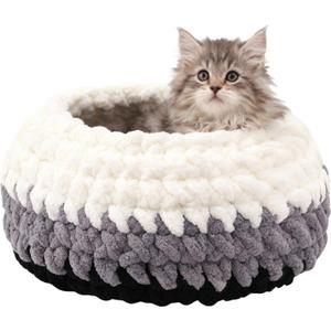 Handwoven Soft Cat Cave Bed, Indoor Cat Beds with Washable Round Nest, Kitten House & Cat Furniture, White & Gray