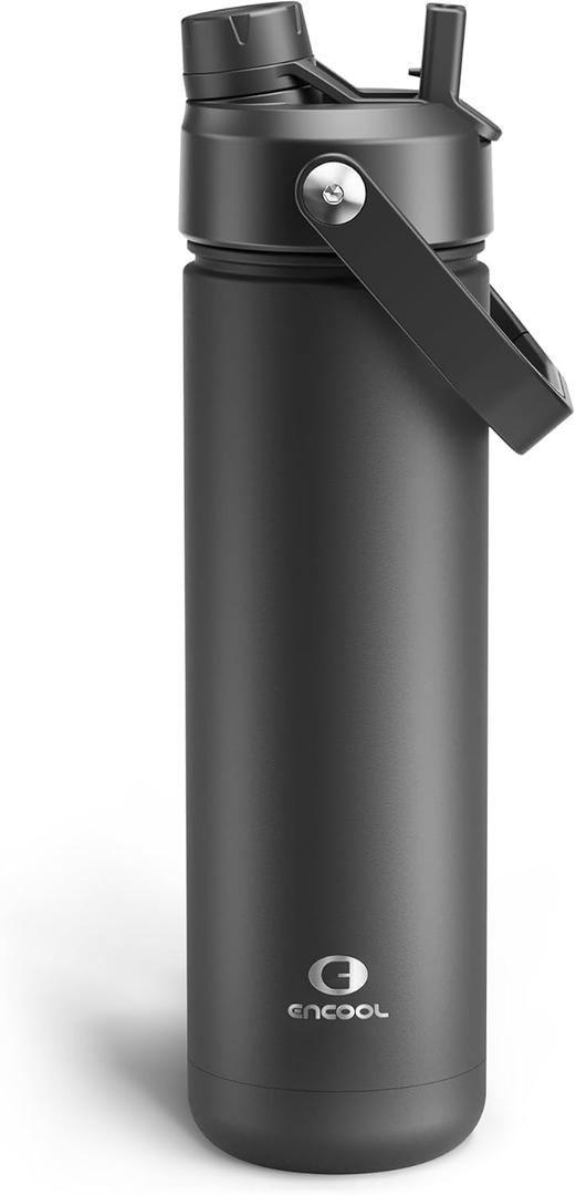 ENCOOL Insulated Water Bottle with Straw Stainless Steel Water Bottle, Leak-Proof, BPA-Free, Double Wall Vacuum Keeps Cold for 24 Hours for Sports, Travel, School (26 oz, Black Night)