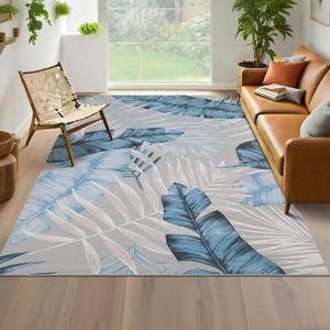 Leaf Indoor Outdoor Area Rugs for Living Room 10x13 Blue Washable Rug Tropical Plant Non-Slip Bedroom Rugs Large Accent Rug Low Pile Soft Rug for Home Decor, Blue