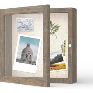 FrameWorks 8x8 Deep Shadow Box Frame, Wooden Display Case w. Linen Board & Tempered Glass Door - Brown Woodgrain - Small - Wall Mounted