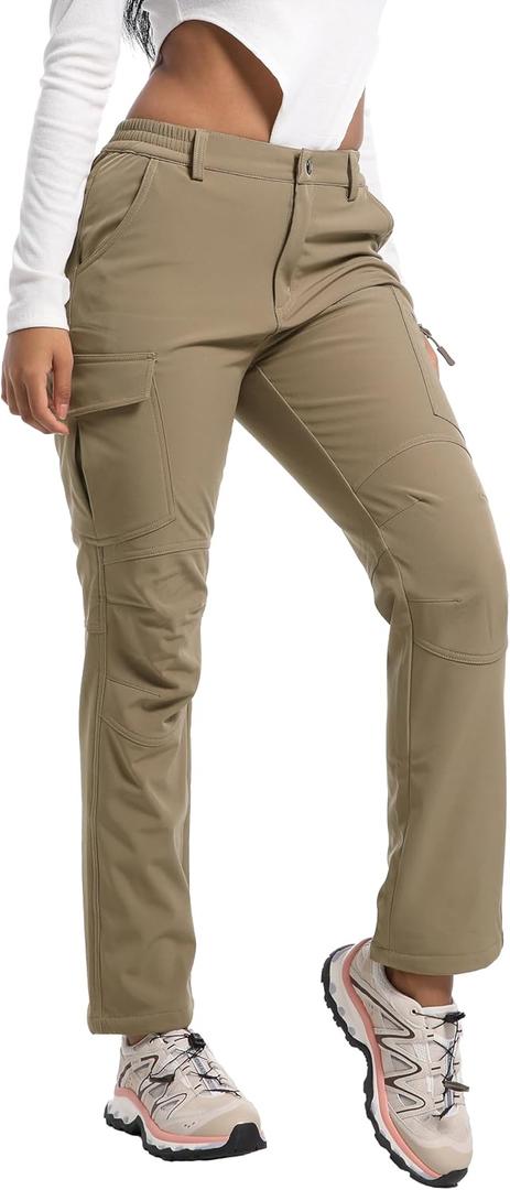 Women's Snow Ski Pants Fleece Lined Waterproof Softshell Insulated Winter Outdoor Hiking Cargo Pants (Khaki) Small