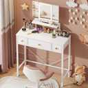Small Makeup Vanity Desk 27.5''W with Mirror and Lights, Vanity Desk with 3 Fabric Drawers and Height-Adjustable Stand, Vanity Table for Girls Gifts, Bedroom and Small Spaces, White