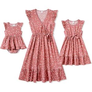 IFFEI Mommy and Me Dresses Outfits Family Matching Dots Pink Ruffle Flutter-Sleeve Dress for Mother and Daughter 9-12M Pink