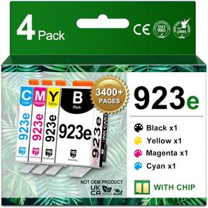923XL 923e Ink Cartridges Combo Pack with chip, High Yield Replacement for HP 923 923e 923XL Ink Work for HP OfficeJet Pro 8135e 8138e 8139e 8122e 8120 8123 8130 8133 Printers (BK/C/M/Y) 4-Pack