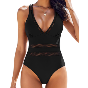 AI'MAGE Women One Piece Swimsuit Sexy V Neck Bathing Suits Tummy Control Swimsuits Mesh Hollow Out Swimwear M