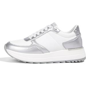 LUCKY STEP Women's Platform Fashion Sneakers Retro Neutral Classic Trainers Colorblock Casual Lace-up Stylish Tennis Chunky Walking Shoes (White Silver, 8)