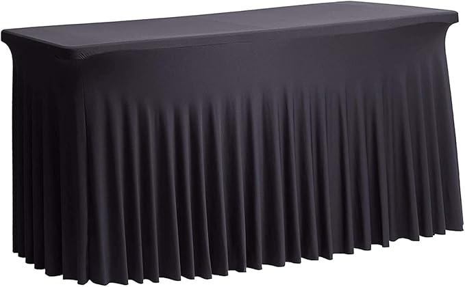 6 ft Long Rectangular Stretch Tablecloth Table Skirt, One-Piece Spandex Jacket Cover, Tight Fit Linen-Fitted Table Cover for Trade Show, DJ, Wedding, Party, Kiosk-Premium Fabric (Black)