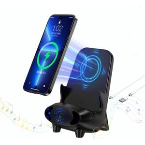 4-in-1 Wireless Charger with Bluetooth Speaker, 15W Qi Certified Fast Charging Wireless Station for iPhone, Pixel, Samsung Galaxy, Phone, LG & More, with Voice Control Night Light, Black