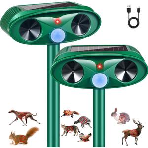 2 Pack Solar Ultrasonic Animal Repeller Outdoor Deer Repellent Devices Motion Activated Cat Deterrent for Yard Garden IP65 Waterproof Ultrasonic Pest Repellent for Squirrel Raccoon Dog Skunk Rabbit