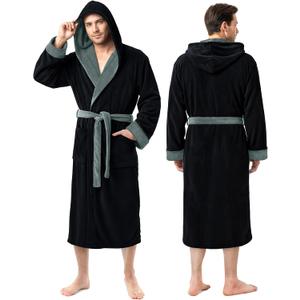 NY Threads Mens Robe with Hood, Luxury Plush Fleece Hooded Mens Bathrobe, Spa Bath Robe for Men, Small-Medium (Pack of 1), Black and Steel Grey