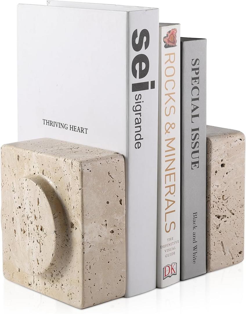 Koville Marble Square Book Ends, Heavy Duty Book Holders, Bookends for Shelves, Office Bookshelf Decor for CDs/Video Games(Travertino Romano)