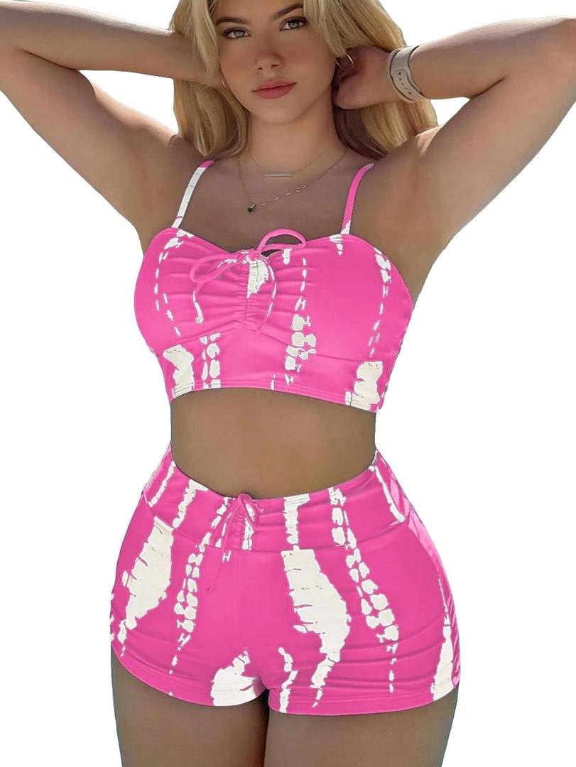 SHENHE Women's Tie Dye Tankini Swimsuits High Waisted Tummy Control Bikini Sets (Medium, Pink and White)