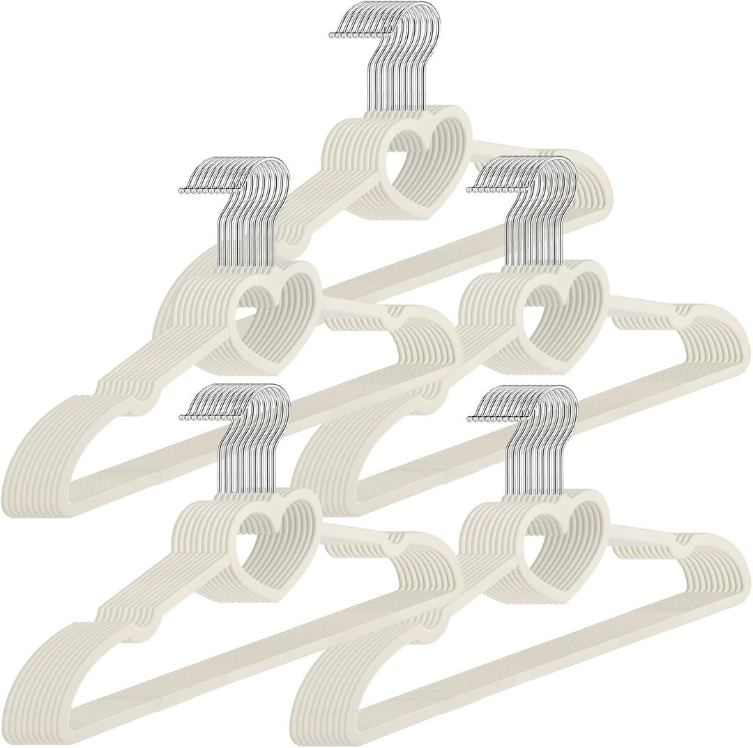 Qunclay 50 Pcs Velvet Heart Hangers, Non-Slip Felt Clothes, Heavy Duty Sturdy Heart Clothes Coat Hanger, Cute Kawaii Room Decor for Adult Women, Space Saving No Hanger Mark, 360 Swivel Hook, White