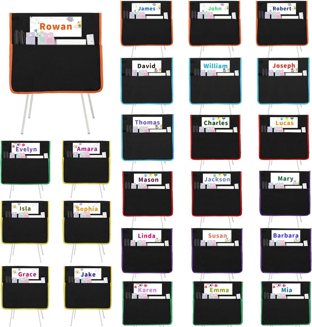 24 PCS Chair Pockets for Classroom, 15.6x16.8 Inch Seat Pockets for Classroom Chairs, Black Seat Sacks for Classroom Chairs with Name Tag, Back of Chair Organizer for Kids in Classroom