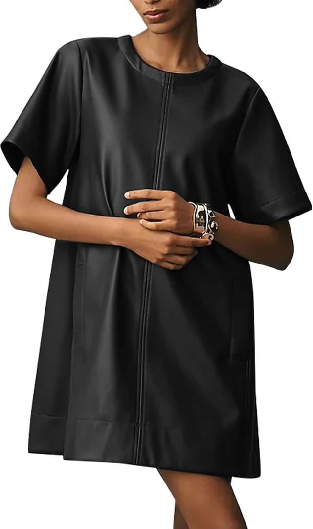 Women Faux Leather Mini Dress Short Sleeve Crew Neck A Line Flowy Swing PU Party Dress with Pockets, (Small, Black)