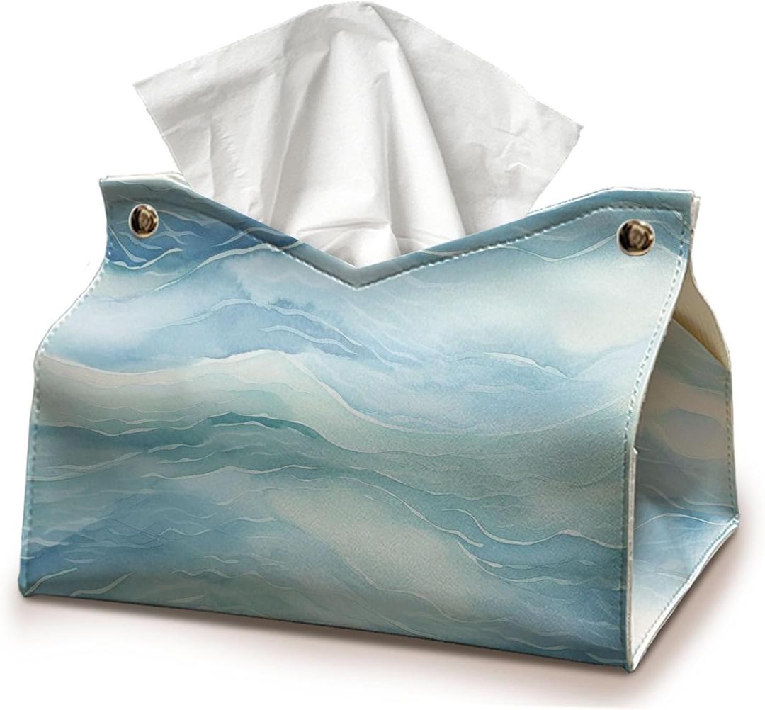 Blue Tissue Box Cover Rectangle, Light Blue and White Decorative Tissue Box for Living Room Desk, Contemporary Marble PU Leather Tissue Holder Toilet Organizer Tissues 9.8x5.9x5.9