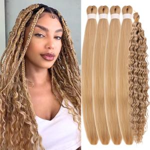 Ash Honey Blonde Braiding Hair Pre Stretched for Boho Braids Synthetic Pre-stretched Knotless Boho Braiding Hair non Toxic ez Braids, 26 Inch(Packs of 5)