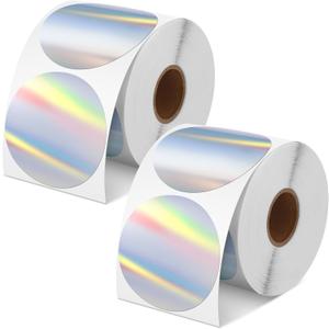 Kosiz 1000 Labels/ 2 Rolls Silver Holographic Thermal Sticker Labels Self Adhesive Printable Thermal Labels Rainbow Stickers for DIY Logo Design QR Code Name Tag (Holographic Round Style, 2")