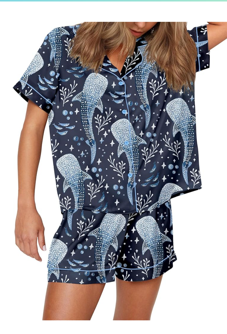 SHESHOW Funny Graphic Pajamas for Women Set Button Down Short Sleeve Top and Shorts Pjs Sets Sleepwear (LARGE)