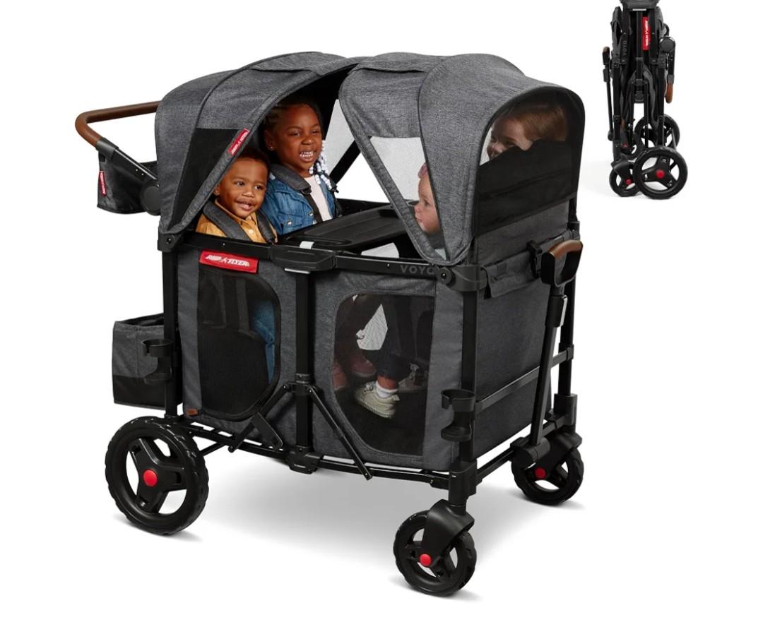 Radio Flyer Voya XT Quad Stroller Wagon, for Ages 6+ Months, Push or PullExtra Tall Sides, 4 Seats, Dual Sun Canopies, Compact Fold, 5-Point Harnesses, Storage Space